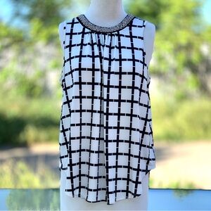 Knapp Studio Bling Collar Black & White Square Pattern Sleeveless Blouse, Medium
